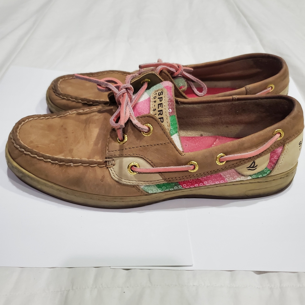 Sperry Pink Accent Brown Leather Boat Shoes - Women's Size 9